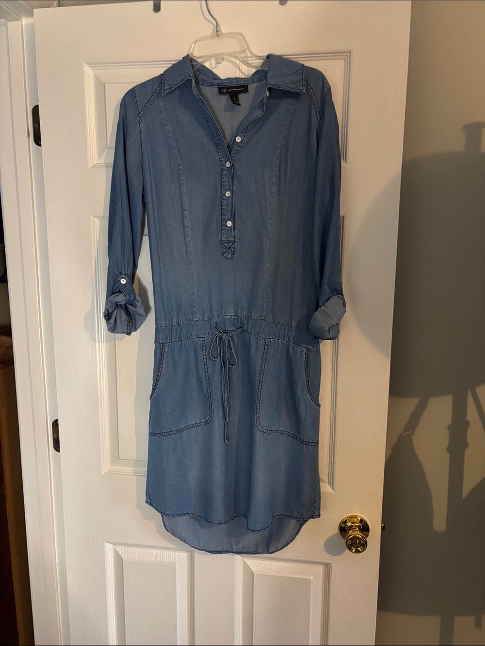 INC International Concepts Light Blue Chambray Drawstring Shirt Dress
